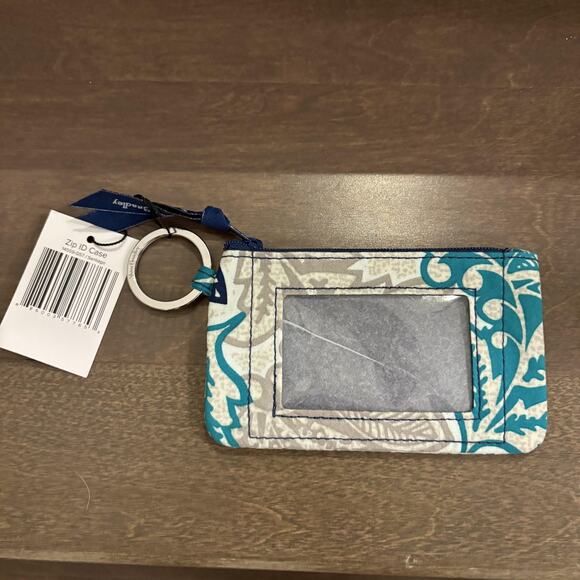 Vera Bradley Zip ID Case Womens Blue Gray Floral Key Ring Wallet Coin Purse NWT - Picture 1 of 7